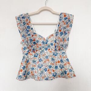 Wildfox Womens Top Size Medium Blue Orange Floral‎ Ruffle Fairy Cottage Coquette